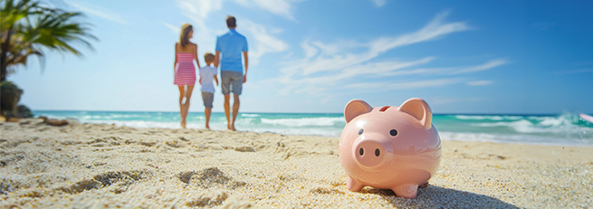 family on the beach with a piggy bank