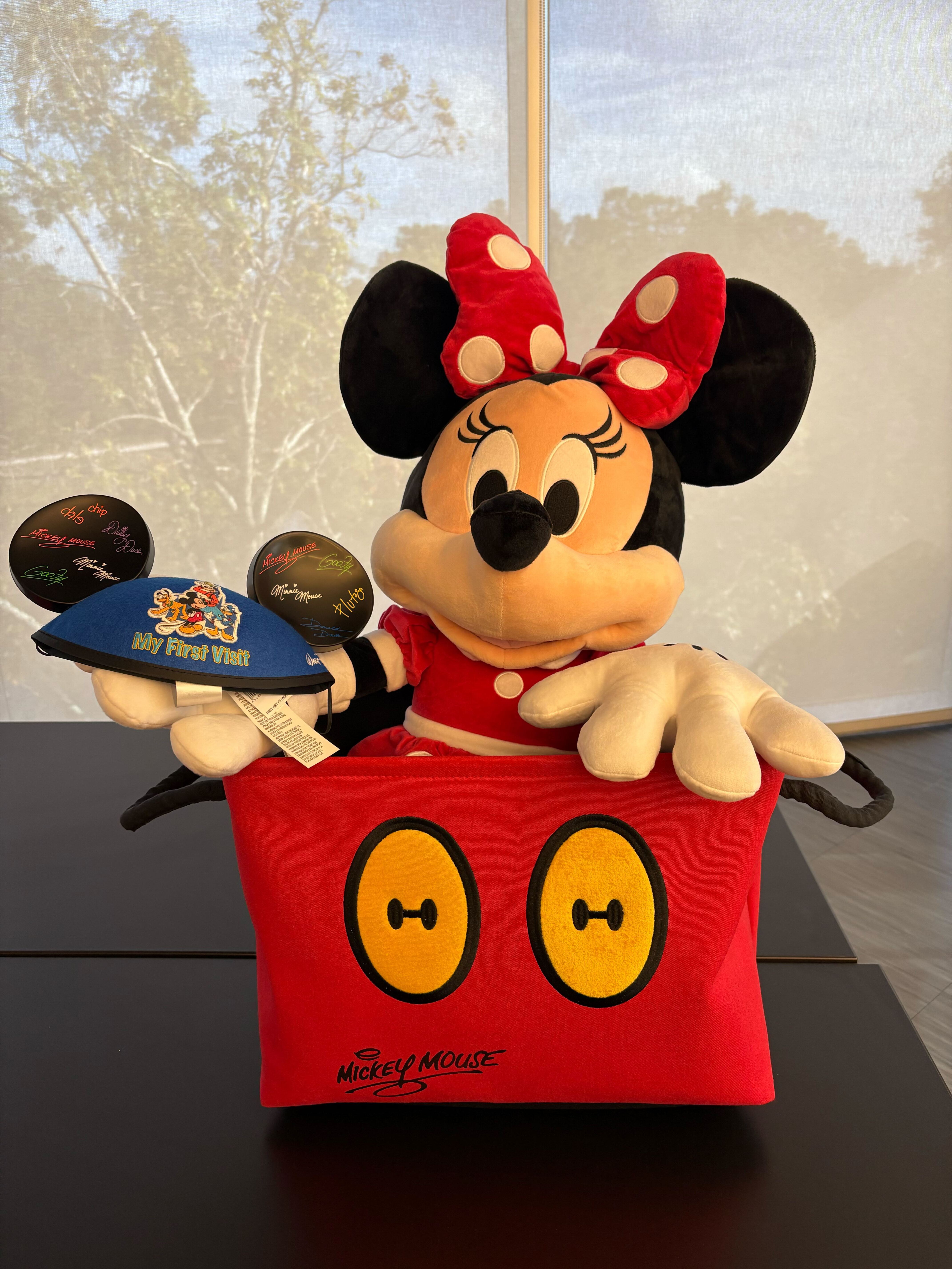 Mickey Mouse basket with Minnie Mouse plush and ears